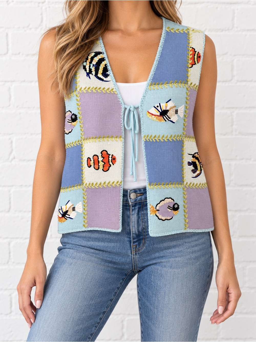 Vintage Y2K Claire Murray Coral Reef Fish Knit Vest S NWT Sequin Cotton